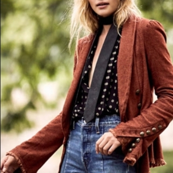 Free People Flared Sleeve Blazer Jacket with Lace, Tobacco Brown Size Medium - Picture 12 of 12